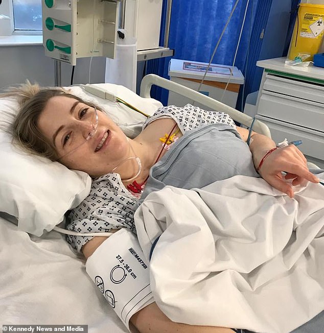 Doctors confirmed that Natalie Kunicki's vertebral artery, a major artery in her neck, had burst after she broke her neck, causing a blood clot to form in her brain and triggering a stroke. He is pictured above in the hospital in 2019.