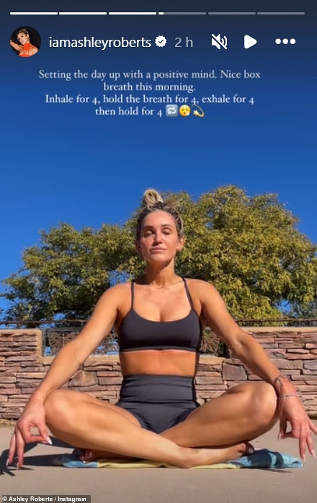 The former Pussycat Doll singer, 43, looked sensational as she donned a black sports bra and matching shorts while meditating in the sun.