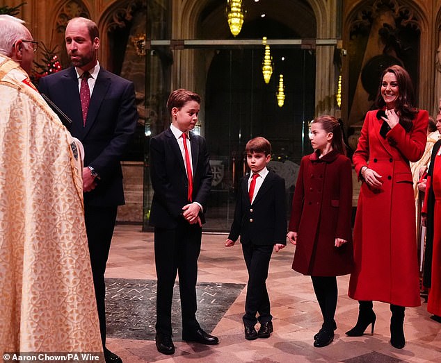 The Prince and Princess of Wales and their children, from left, Prince George, Prince Louis and Princess Charlotte, arrive for the Together At Christmas carol service.