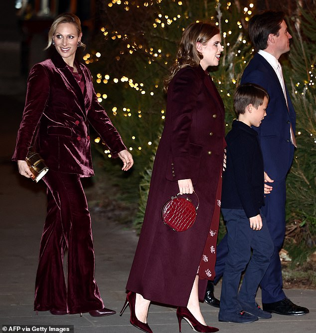 Other royals also in attendance included Zara Tindall, left, along with her pregnant cousin Princess Beatrice, right, and her husband Edo Mapelli Mozzi and their young son Wolfie.