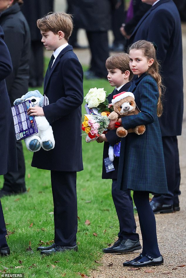 Prince George, Prince Charlotte and Prince Louis at Sandringham. The trio received gifts from well-wishers.