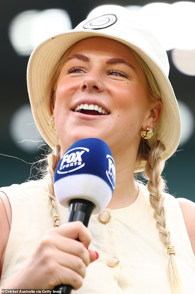 Brooke wore her blonde locks in tight pigtails that fell over her shoulders. He completed his outfit with a bucket hat that featured the Shane Warne Legacy logo.