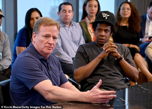 Knowles-Carter easily landed the supposed job that paid her $20 million considering her embattled husband Jay-Z (R, pictured in 2019) was named NFL live music entertainment strategist and executive producer of the media show Roger Goodell (L) time in 2019