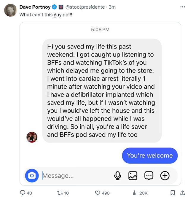 On Thursday, Portnoy shared a post from a fan who revealed that the podcast had saved his life