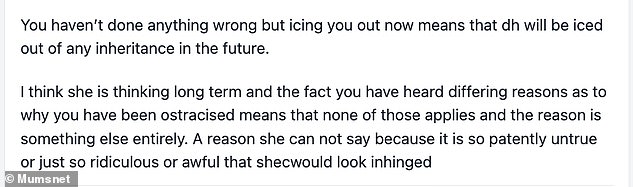 Many took to the comments to give her some advice, with some suggesting that maybe her sister-in-law is freezing her out of the inheritance.