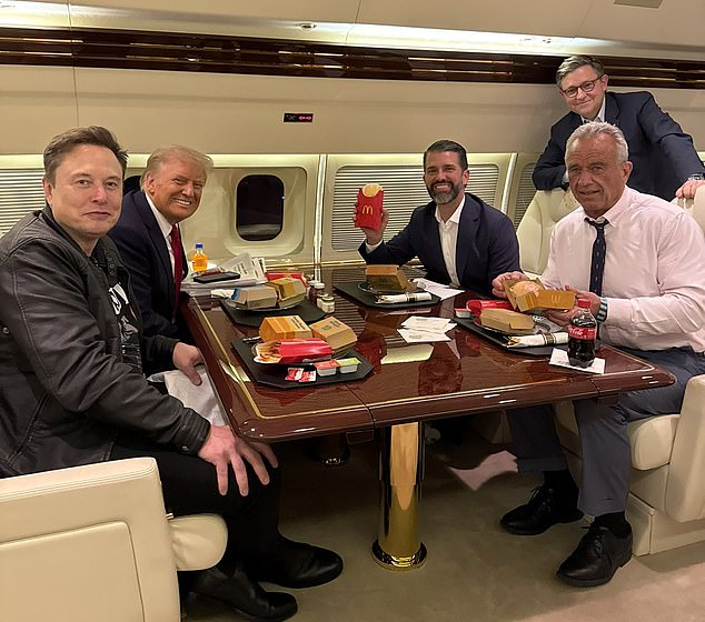 But Musk's views on weight-loss drugs are not entirely in line with those of Robert Kennedy Jr., who could soon lead the Department of Health and Human Services if confirmed by the Senate. Musk is pictured with Donald Trump, RFK Jr, Donald Jr and speaker Mike Johnson eating McDo0nald's while aboard Trump Force One last month.