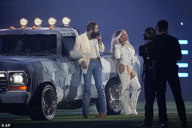 Another highlight of the performance was the denim-covered truck that appeared when Post Malone joined Beyoncé for her song Levii's Jeans.