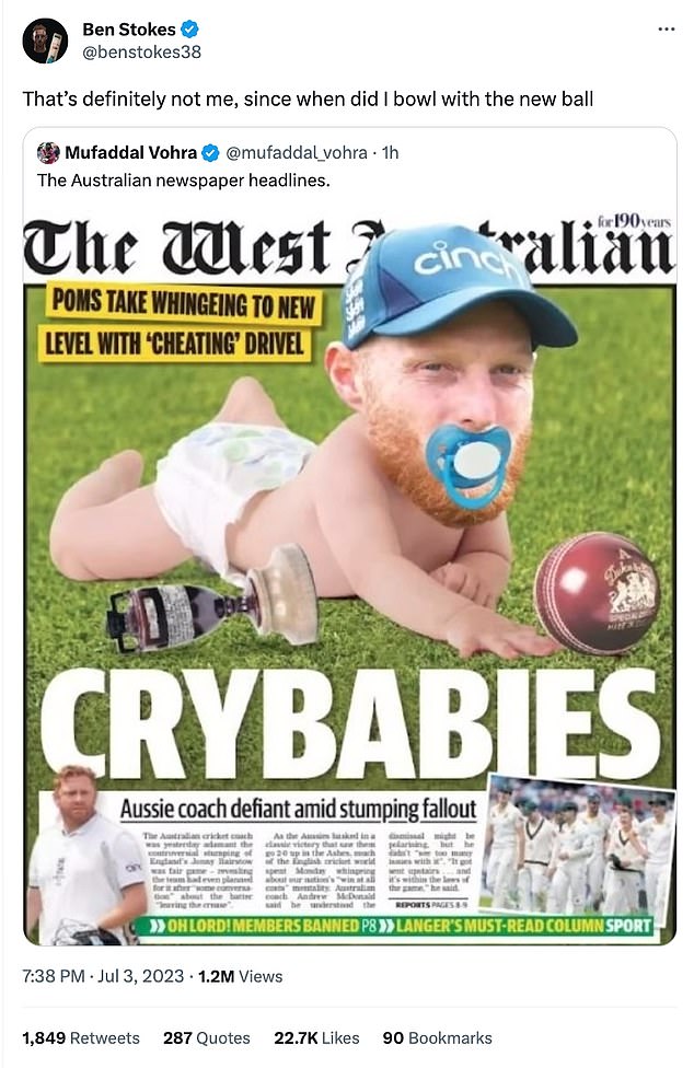 Ben Stokes previously responded to The West Australian after they branded England 'crybabies'