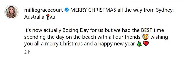 The couple was celebrating Christmas in Australia and sunbathing, telling their followers they were having a great time.