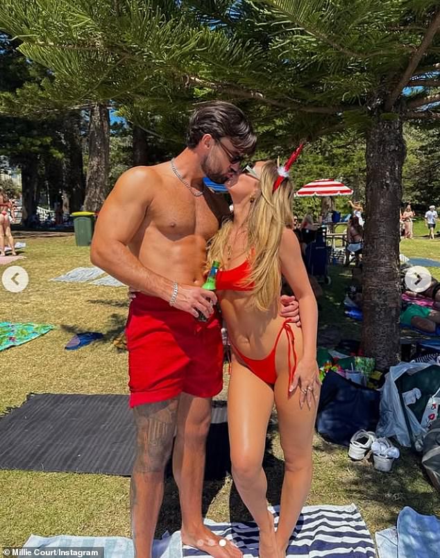 The Love Island star looked sensational as she showed off her slender figure in a tiny red bikini on Wednesday.