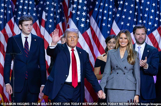 The gray Dior 'New Look' skirt suit she wore on 2024 election night (pictured) contrasted with the extended Trump family's flashy, Palm Beach-inspired ensembles.