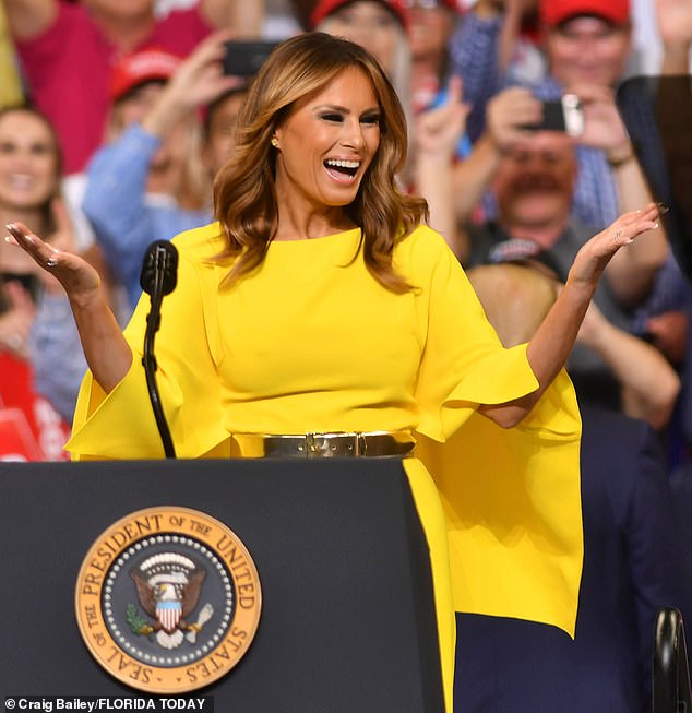 First Lady Melania Trump is welcomed during a rally at the Amway Center in Orlando in 2000