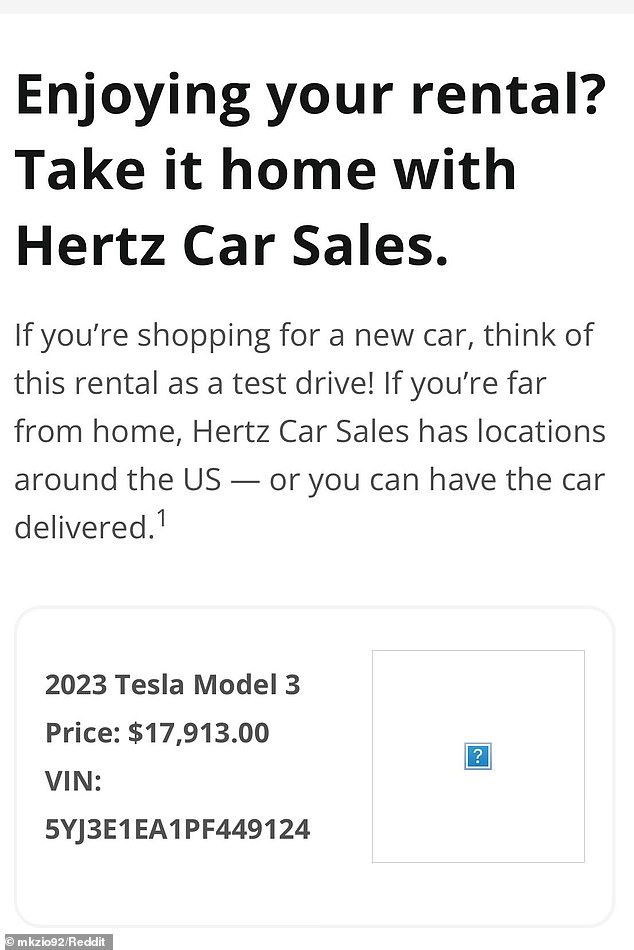 In the past week, a Hertz customer shared with Reddit a deal they received to purchase a 2023 Model 3 Tesla for $17,913 – less than half the retail price of $38,990