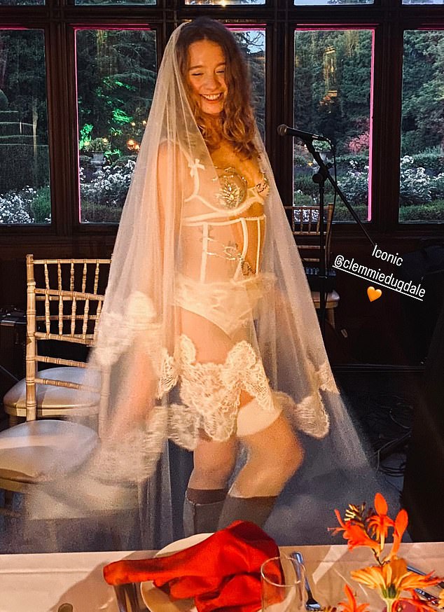 Clemmie Dugdale stripped down to her lingerie at her wedding reception. Now she is expecting her first child.