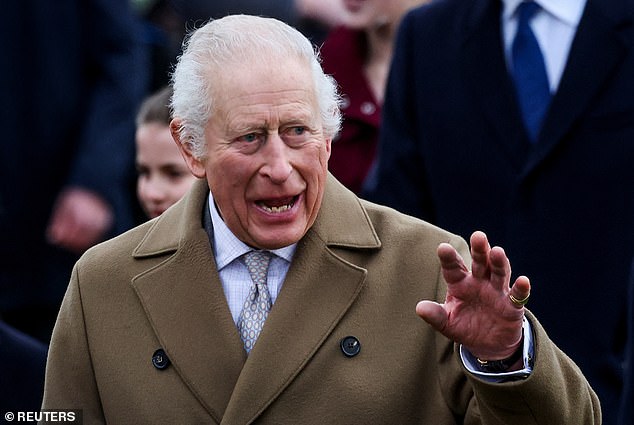 Britain's King Charles greets the day as he attends the royal family's Christmas service at St Mary Magdalene Church.