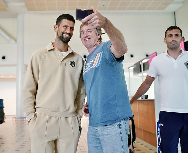 Djokovic graciously took time to take selfies with fans as they enthusiastically greeted the tennis legend at the airport.