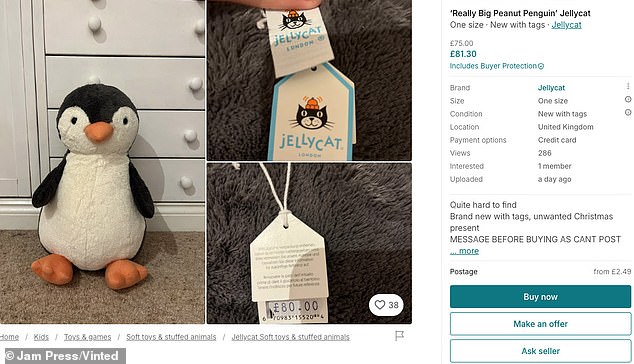 A Jellycat-branded penguin also appeared on a resale site, described as a 