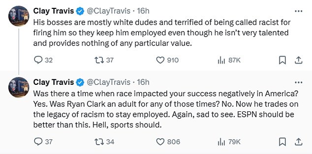 1735398948 581 Clay Travis accuses Ryan Clark of using his race to