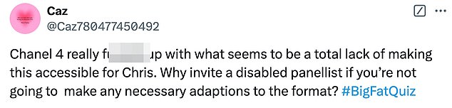 While Chris didn't seem to mind the disadvantage, viewers complained about the lack of inclusion and shared their thoughts on X.