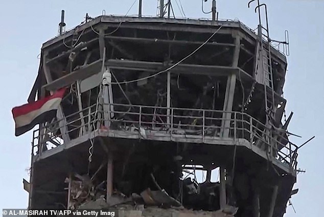 Damage to the control tower at Sanaa airport following Israeli airstrikes. Israeli forces attacked the airport killing at least two people.