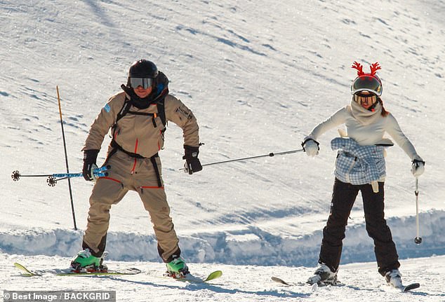 Viewers saw the star being dragged down the slopes by an instructor holding one of his ski poles.