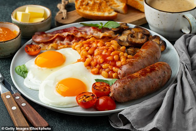 A full English breakfast (file image). Women who ate breakfast daily had up to 10 percent more grip strength than those who didn't.