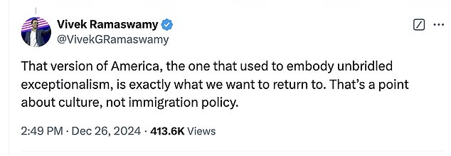 Ramaswamy's post and his subsequent follow-ups drew immediate criticism from Trump supporters who support the president-elect's hardline immigration stance.