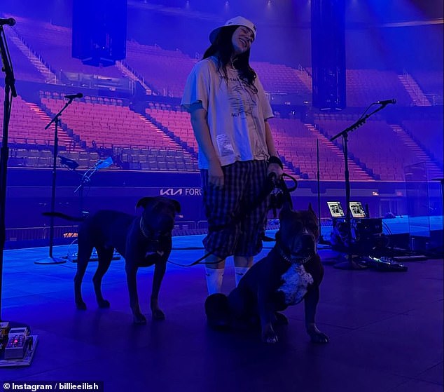 Billie also shared photos of herself cuddling with her pups and with her on stage in Los Angeles at one of her recent concerts