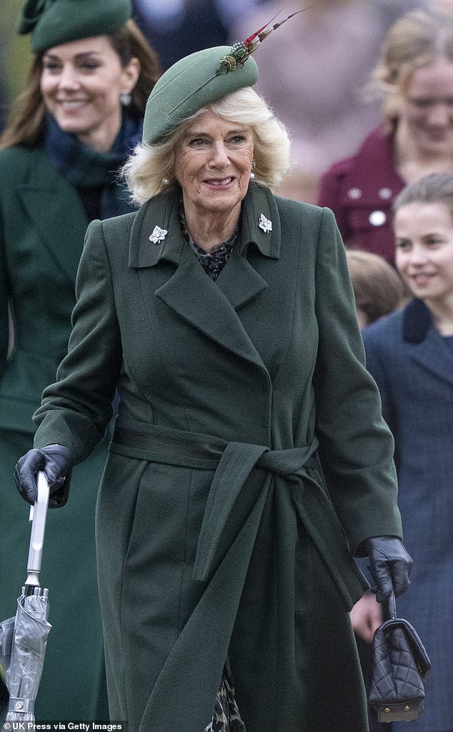 While they were not seen at the annual walk, it is understood that the couple, both from Camilla's previous marriage to ex-husband Andrew Parker Bowles, attended the Christmas Day service at St Mary Magdalene Church (Queen Camilla pictured yesterday).