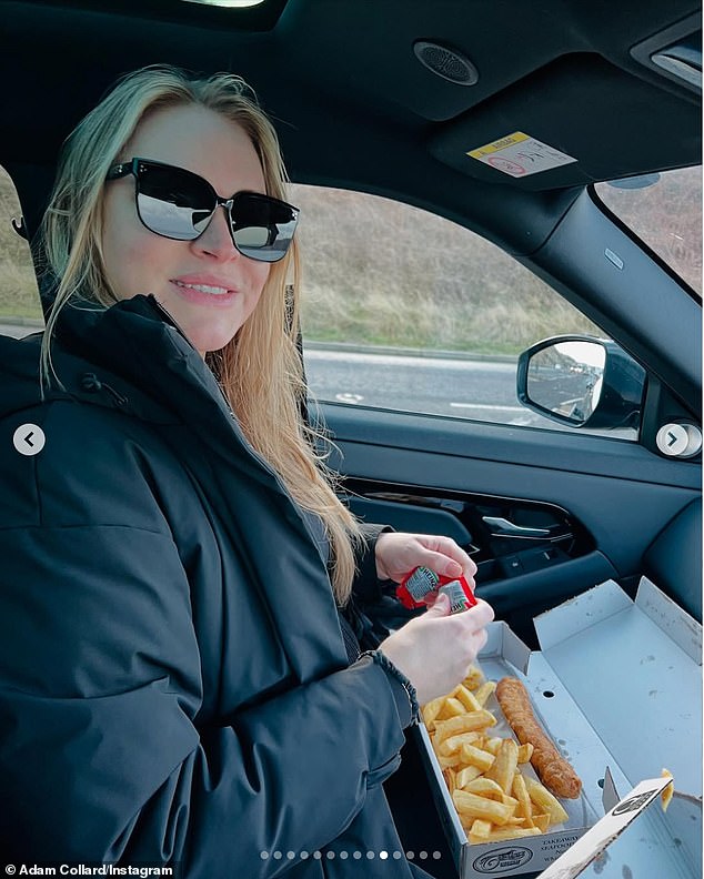 Laura tucked into fish and chips as the couple enjoyed a romantic getaway ahead of their baby's arrival.