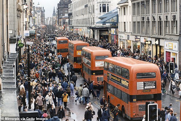 Large gatherings can be seen on the streets of Liverpool, Manchester and Glasgow (pictured, 1994).