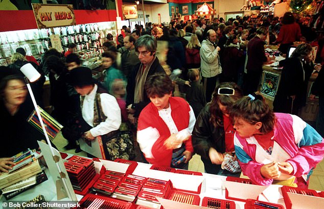 Footage shows bustling crowds on London's Oxford Street and Hamleys Toy Store (pictured, 1992).