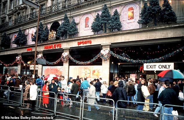 It's packed inside, and this is after queuing to get in first. Pictured: Queues outside Hamleys in 1993