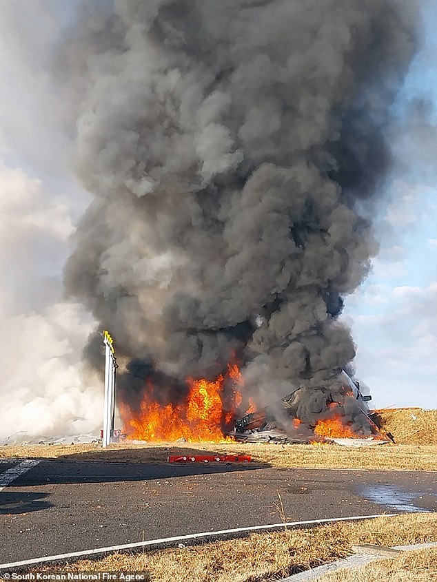 This handout photo taken and released on December 29, 2024 by the South Korean National Fire Department shows the scene where a Jeju Air Boeing 737-800 series plane crashed and caught fire