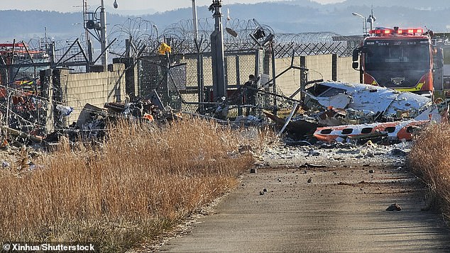 The wreckage left behind after the plane with 175 passengers on board crashed in South Korea