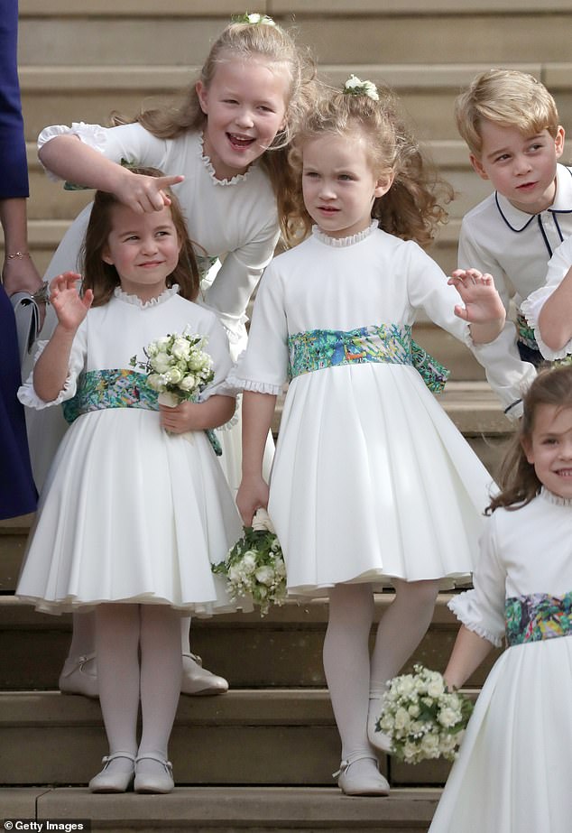 Savannah as flower girl at Princess Eugenie's wedding in 2018, Prince George and Princess Charlotte standing near their cousin