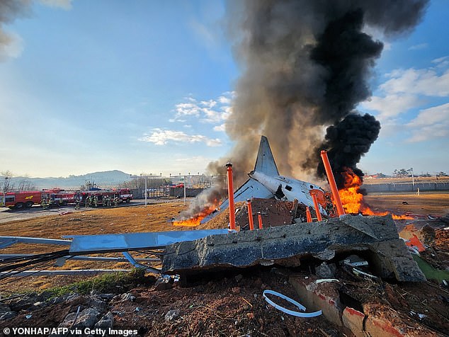 Fire and smoke rise from the tail section of a Jeju Air Boeing 737-800 series aircraft after the plane crashed and burst into flames at Muan International Airport.