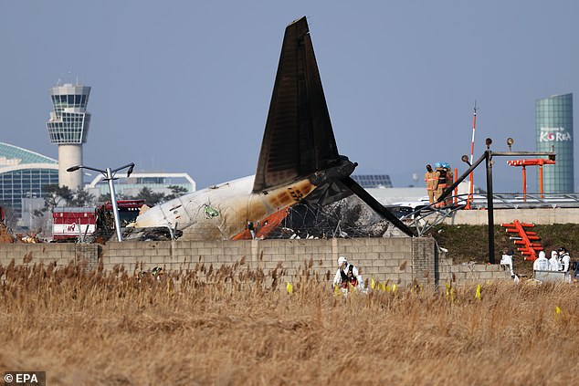 The wreckage of the Jeju Air plane is seen at Muan International Airport in Muan, South Korea, on December 29, 2024.