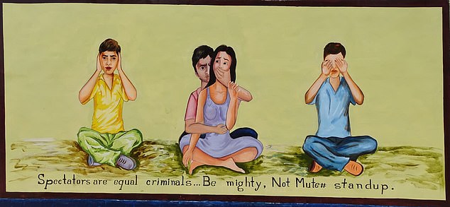 A painting by Mann shows a woman grabbed by a man with his hand around her mouth. Next to the couple is a man with his ears covered and another with his hands over his eyes.