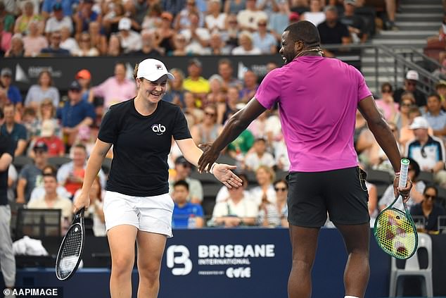 She teamed up with Frances Tiafoe for the game as the pair (pictured left and right) took on Ons Jabeur and Pat Rafter.