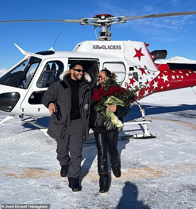 Ruby held on to a huge bouquet of flowers as they walked out of the helicopter looking into each other's eyes.