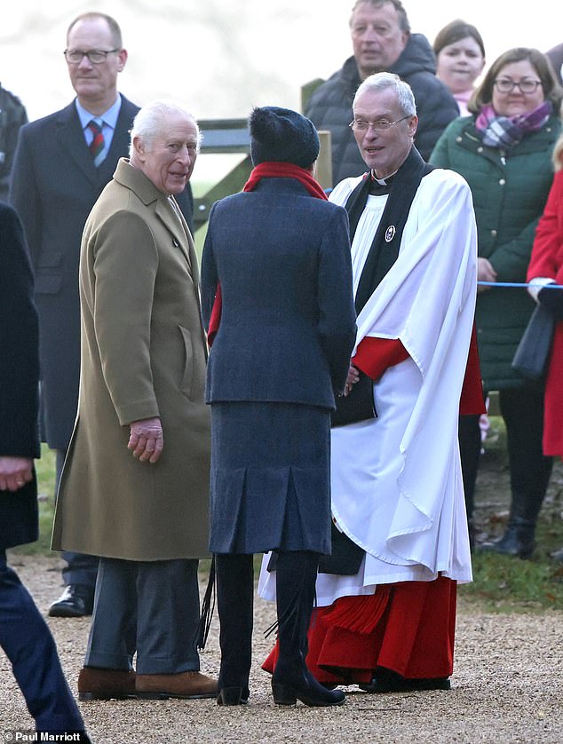 Charles and Anne stopped briefly to speak to the Reverend Canon Paul Williams outside St Mary Magdalene Church this morning, before entering.