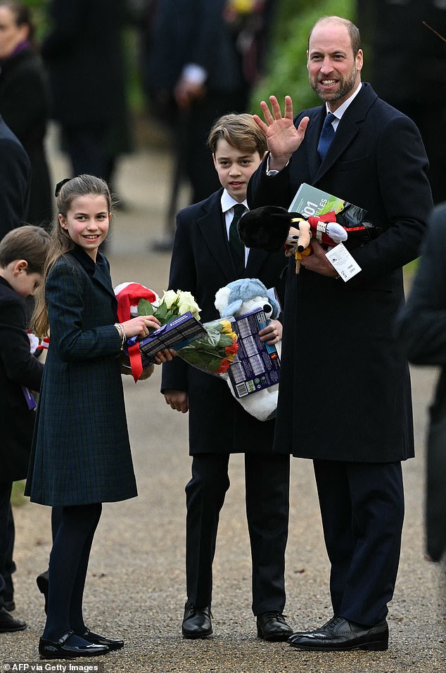 Princess Charlotte and Prince George also graciously accepted their gifts, waving to the crowd while standing alongside their father, Prince William.