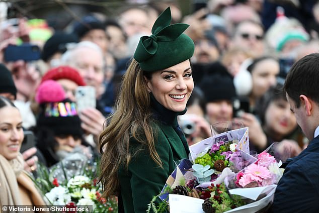 The Princess of Wales accepted bouquets of flowers from well-wishers as she waved to crowds outside St Mary Magdalene Church in Sandringham.