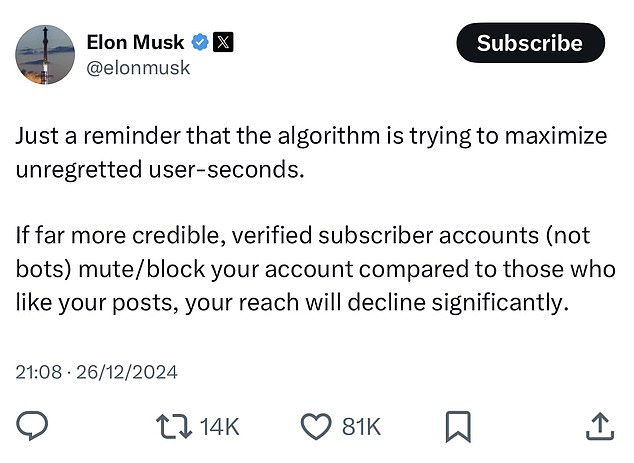 Musk, who immigrated to the United States from South Africa and became a citizen in 2002, did not respond to requests for comment but posted about Algorithm X on Thursday evening.