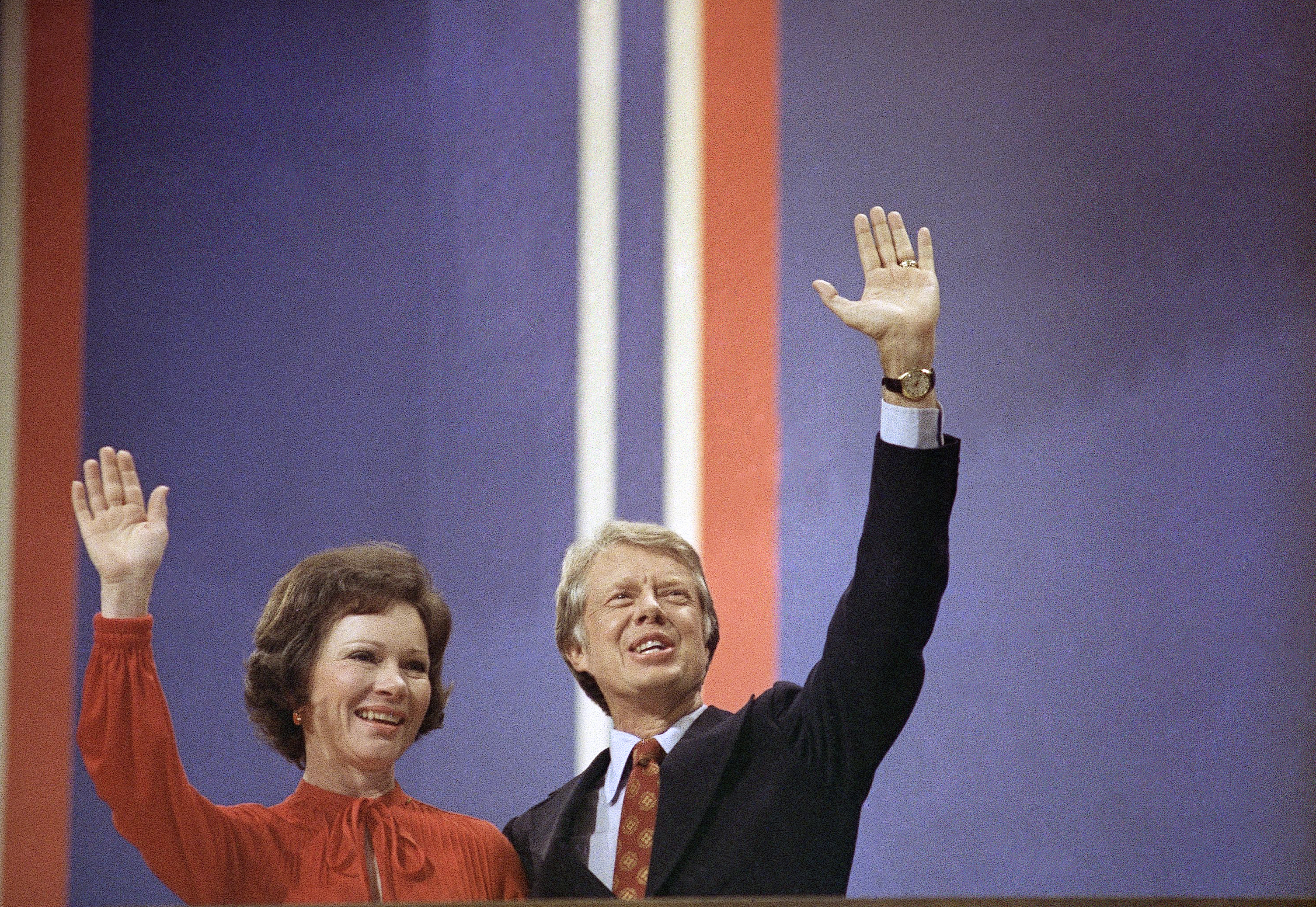 Rosaylnn and Jimmy Carter wave during the 1976 Democratic National Convention at Madison Square Garden in New York.