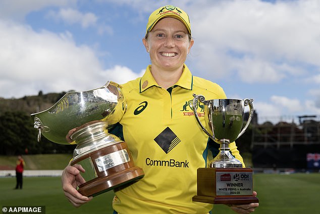 Healy (pictured holding trophies after Australia's ODI series win over New Zealand earlier this month) provided color on the Fox Sports broadcast.