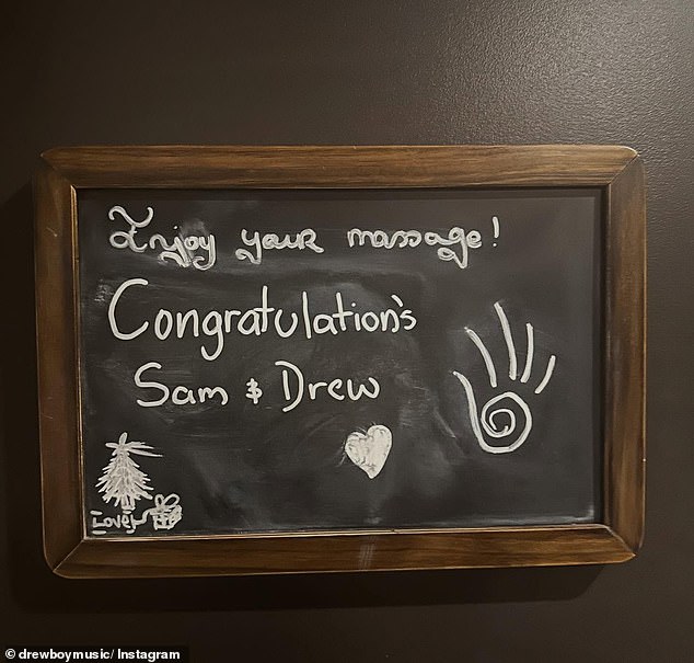 The sweet carousel was complete with photos that suggested Drew enlisted the help of a home whiteboard to help him in his successful proposal attempt.