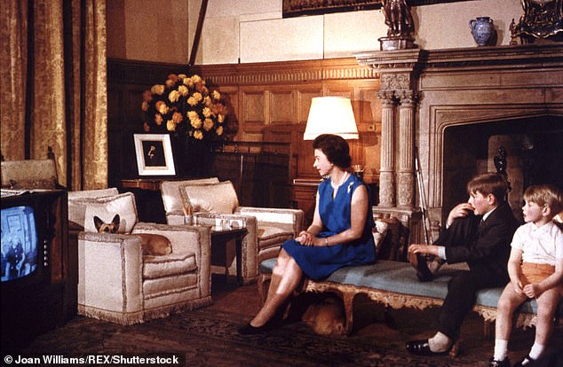 The late Queen Elizabeth watches television with Princes Edward and Andrew at Sandringham in 1969