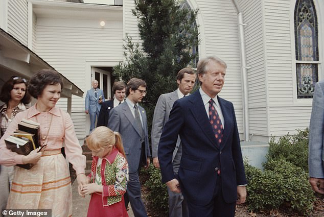 Carter with his wife Rosalynn and their daughter Amy at the Baptist Church in his hometown of Plains, Georgia, in 1976